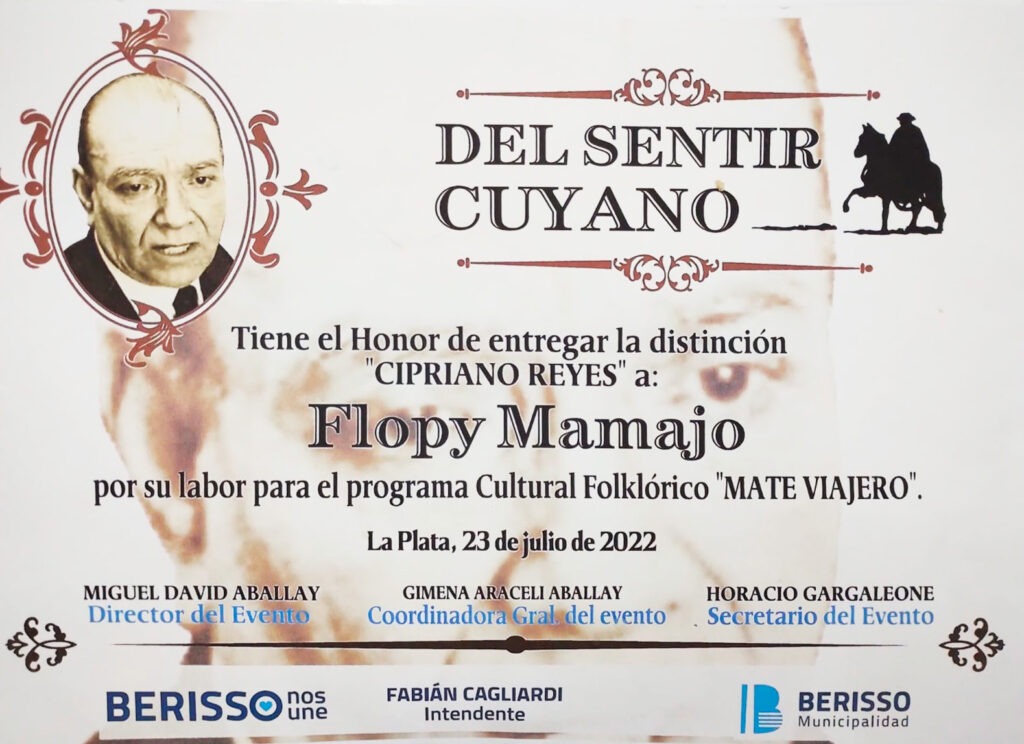 Diploma de la distinción Cipriano Reyes por la labor para Mate Viajero, 23 de julio de 2022